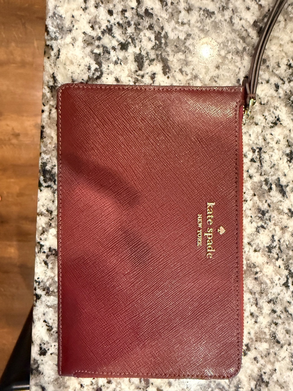 Kate Spade Burgundy Saffiano Leather Wristlet with Gold Zip